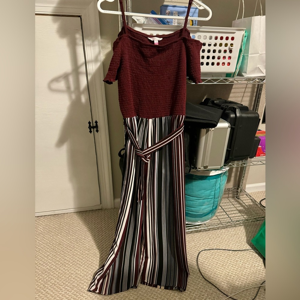 Burgundy and striped off shoulder jumpsuit
